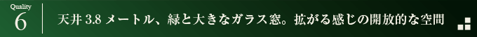 天井3.8メートル、緑と大きなガラス窓。拡がる感じの開放的な空間
